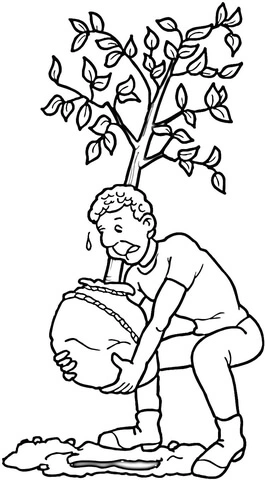 Coloring page a man plants a tree